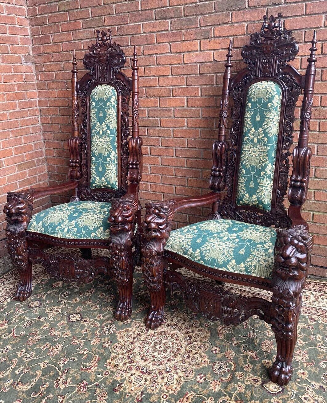 Fine Reproduction Pair Of Colonial Throne Seats With Lion Claw Feet photo for sale