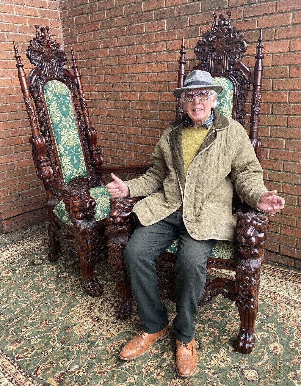 photo for sale Fine Reproduction Pair Of Colonial Throne Seats With Lion Claw Feet