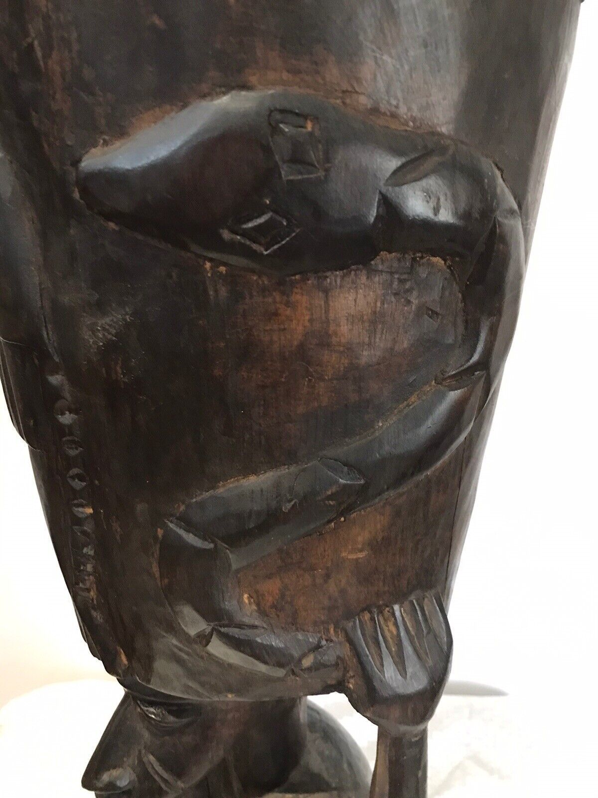 Rare Antique Carved Wood Drum Of African Tribal Woman With Tripod Table Stand photo vinterior