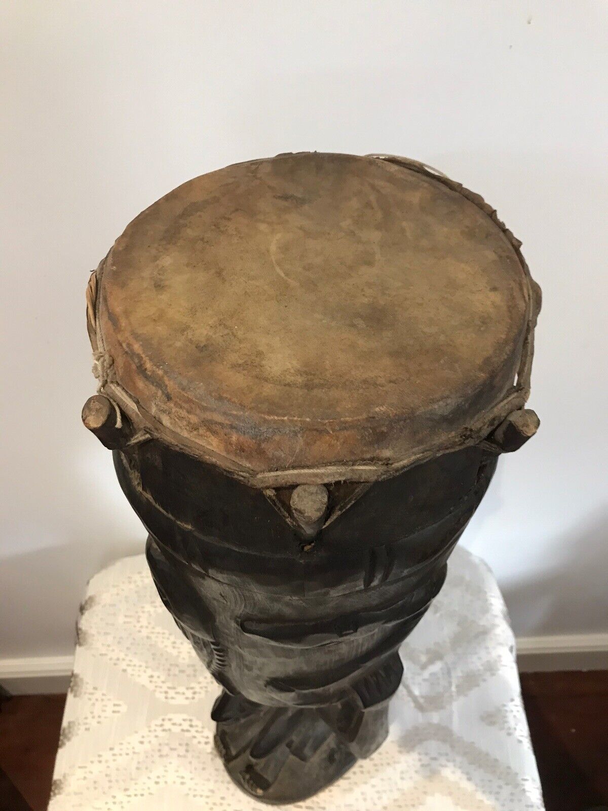 Rare Antique Carved Wood Drum Of African Tribal Woman With Tripod Table Stand photo buy