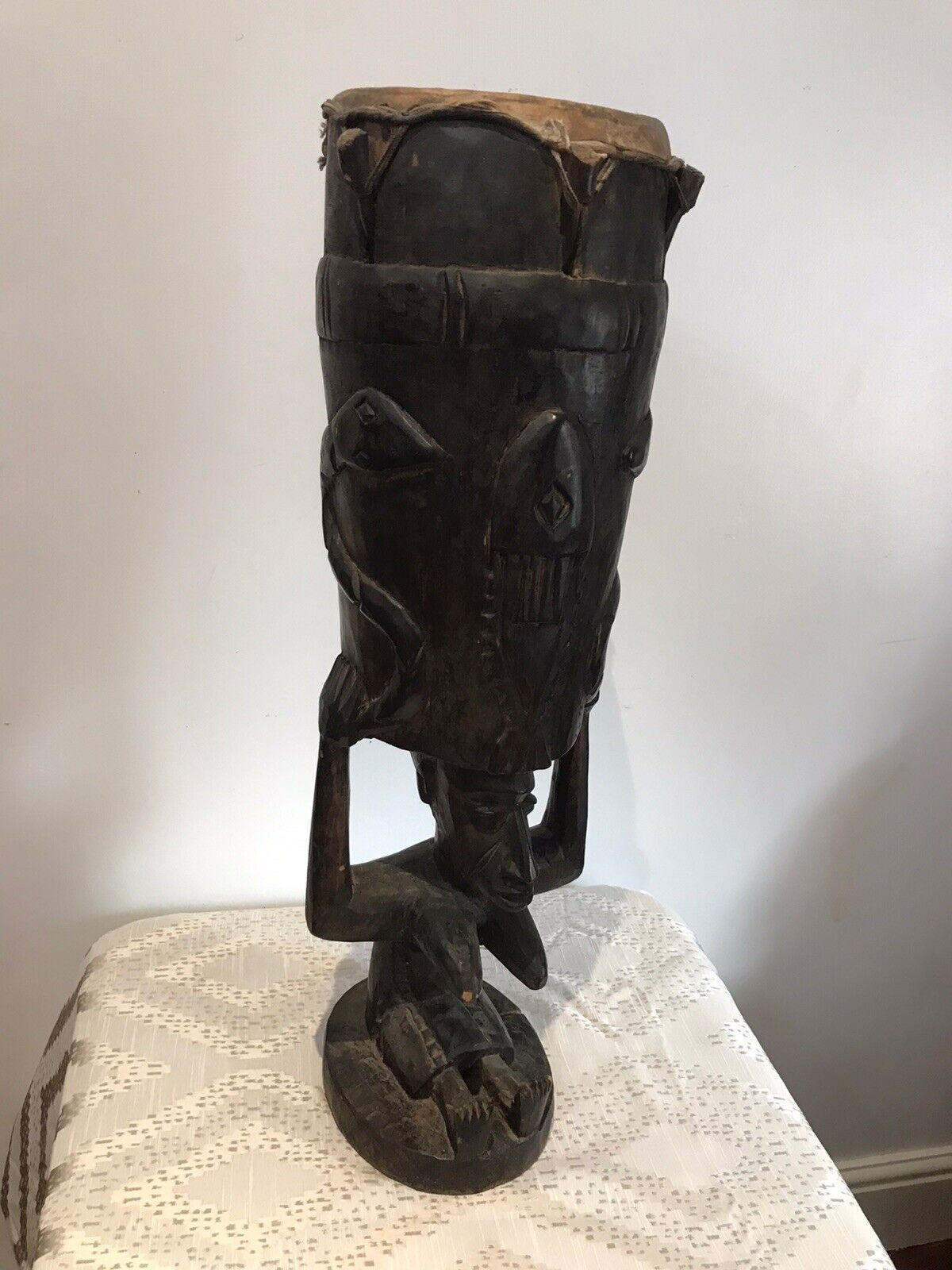 photo furniture Rare Antique Carved Wood Drum Of African Tribal Woman With Tripod Table Stand