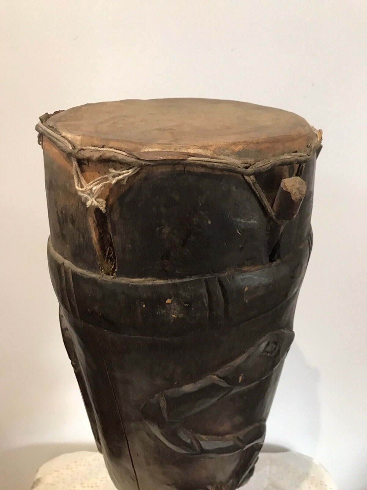 photo for sale Rare Antique Carved Wood Drum Of African Tribal Woman With Tripod Table Stand
