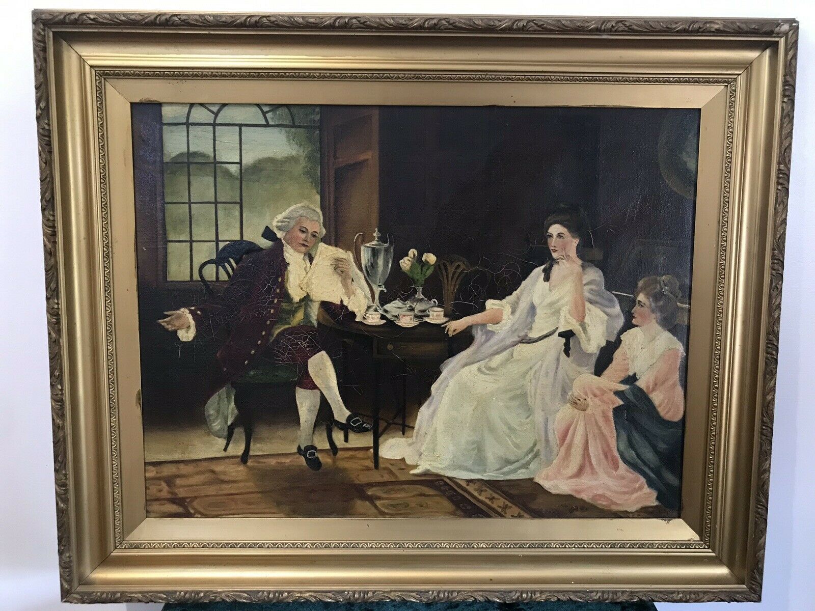 Antique French Oil Painting Figures In Chateau Interior True Conversation Piece