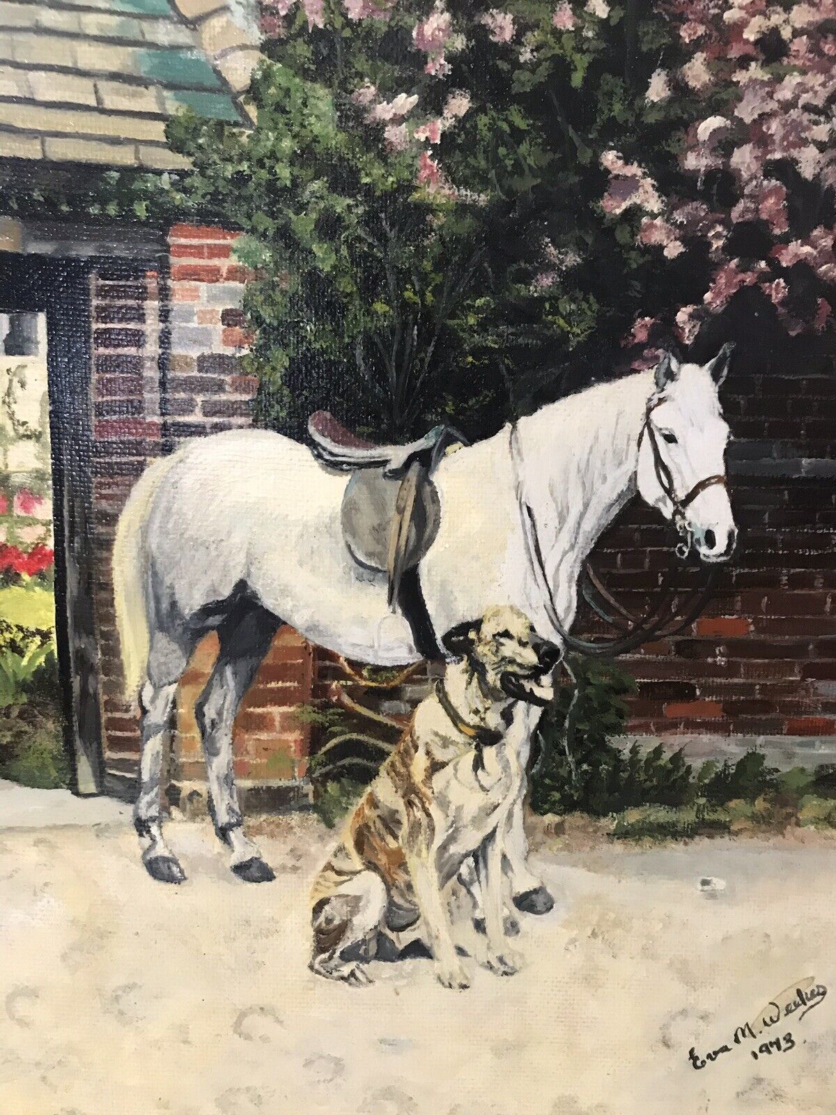 After Barbara Woodhouse Oil Painting Titled ‘Friends Dog With A Horse’ Signed photo vintage