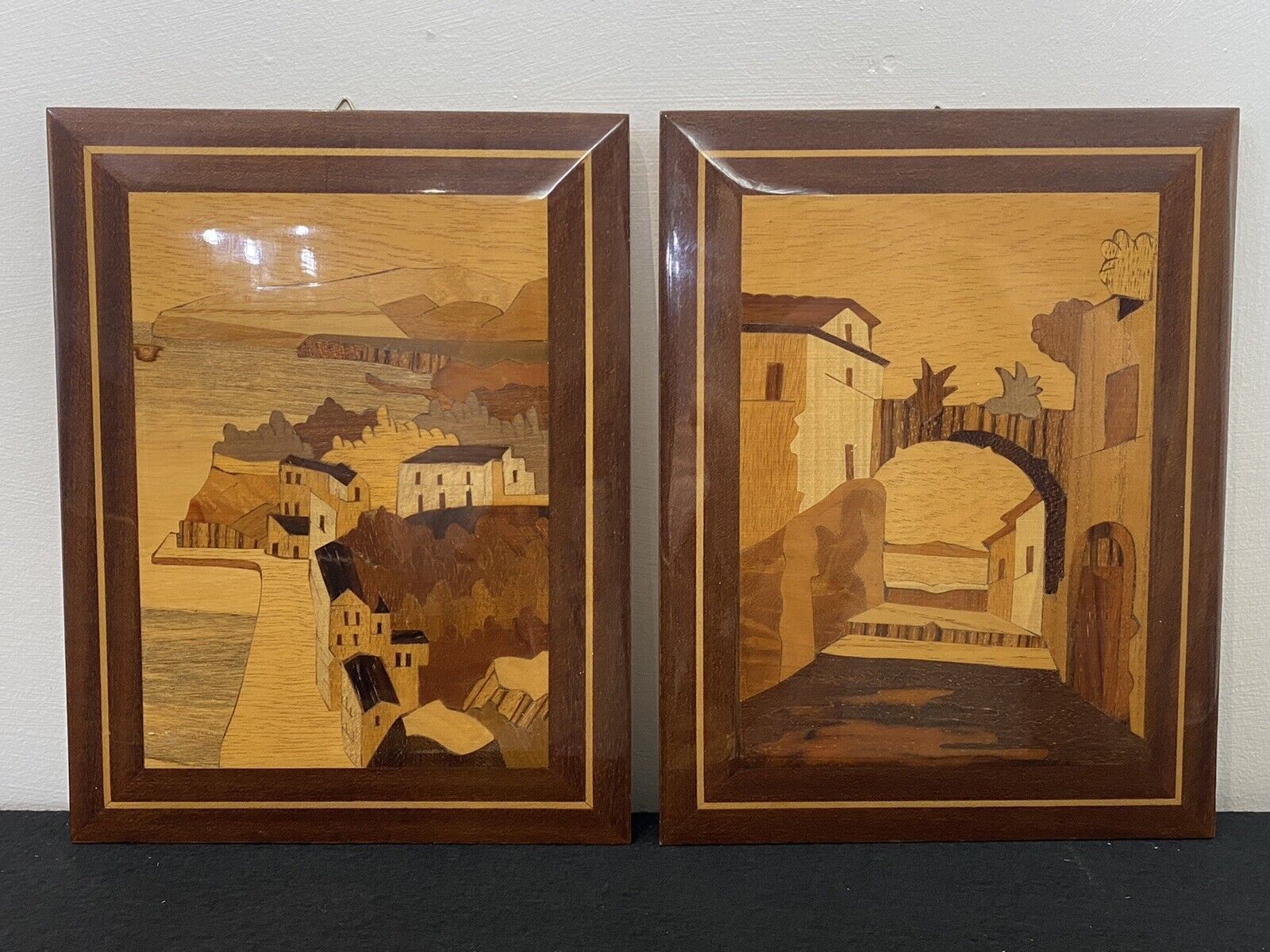Pair Of Italian Landscapes Fruitwood Inlaid Sorrento Plaques photo furniture