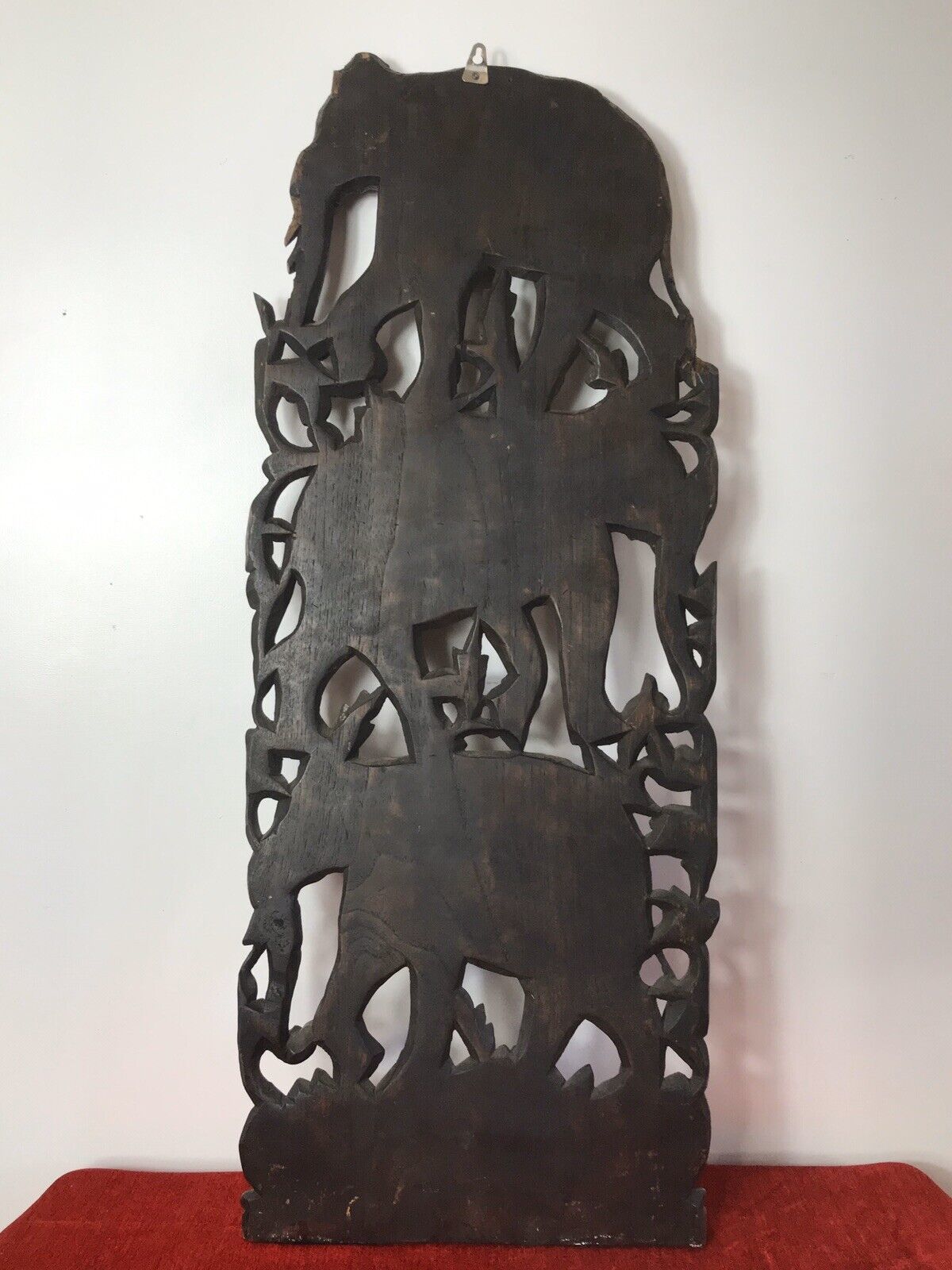 Large Hand Carved Plaque Of Balancing Trio Of Elephants In Hardwood & Gilt Work photo vintage