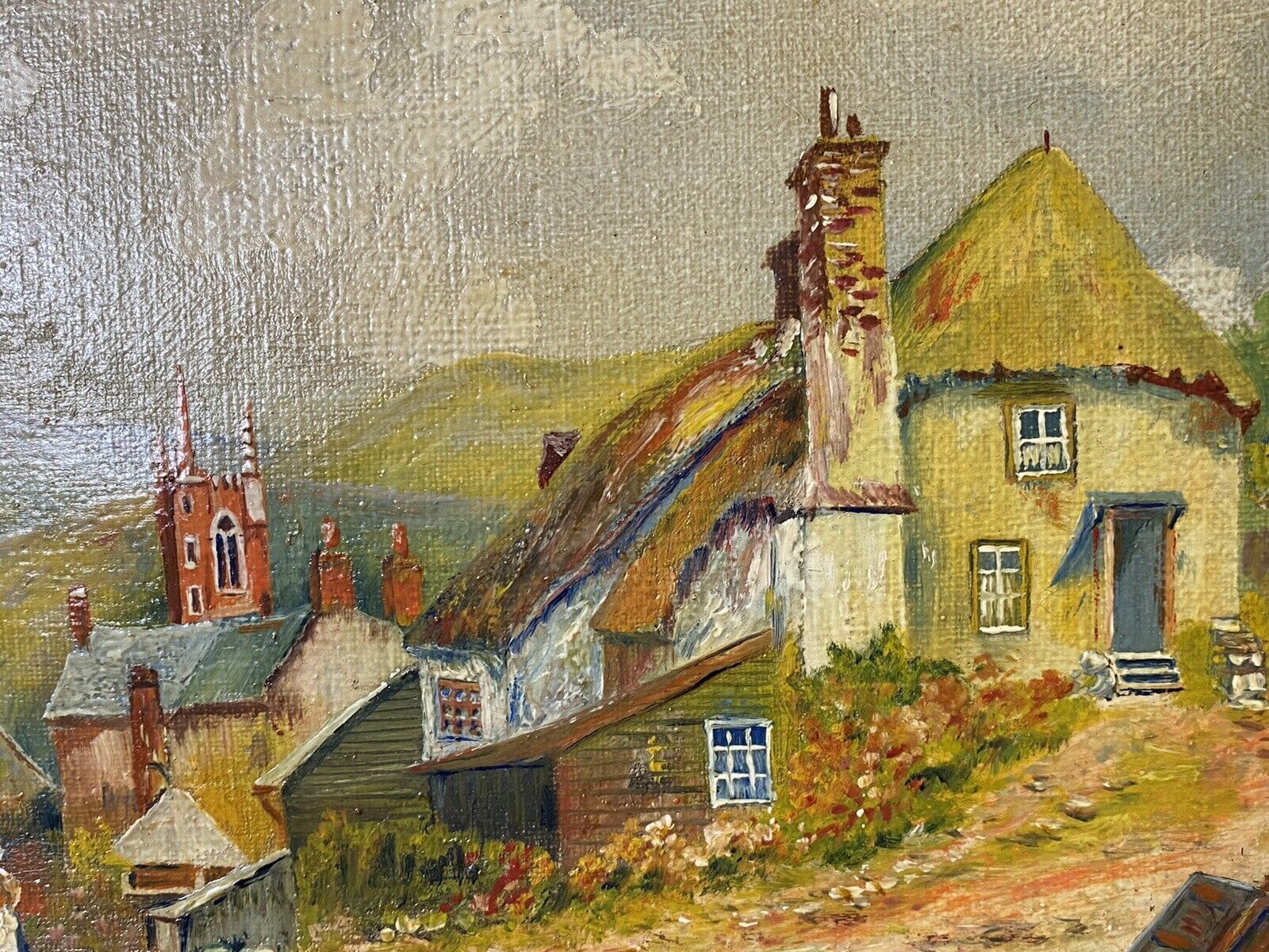 Period Victorian Country Scene With 16c Farm House & Figures Oil Painting photo buy