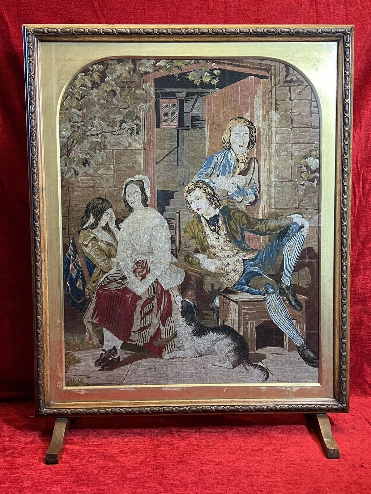 Period Oak Firescreen With Georgian Family Portrait Silkwork Tapestry Sampler