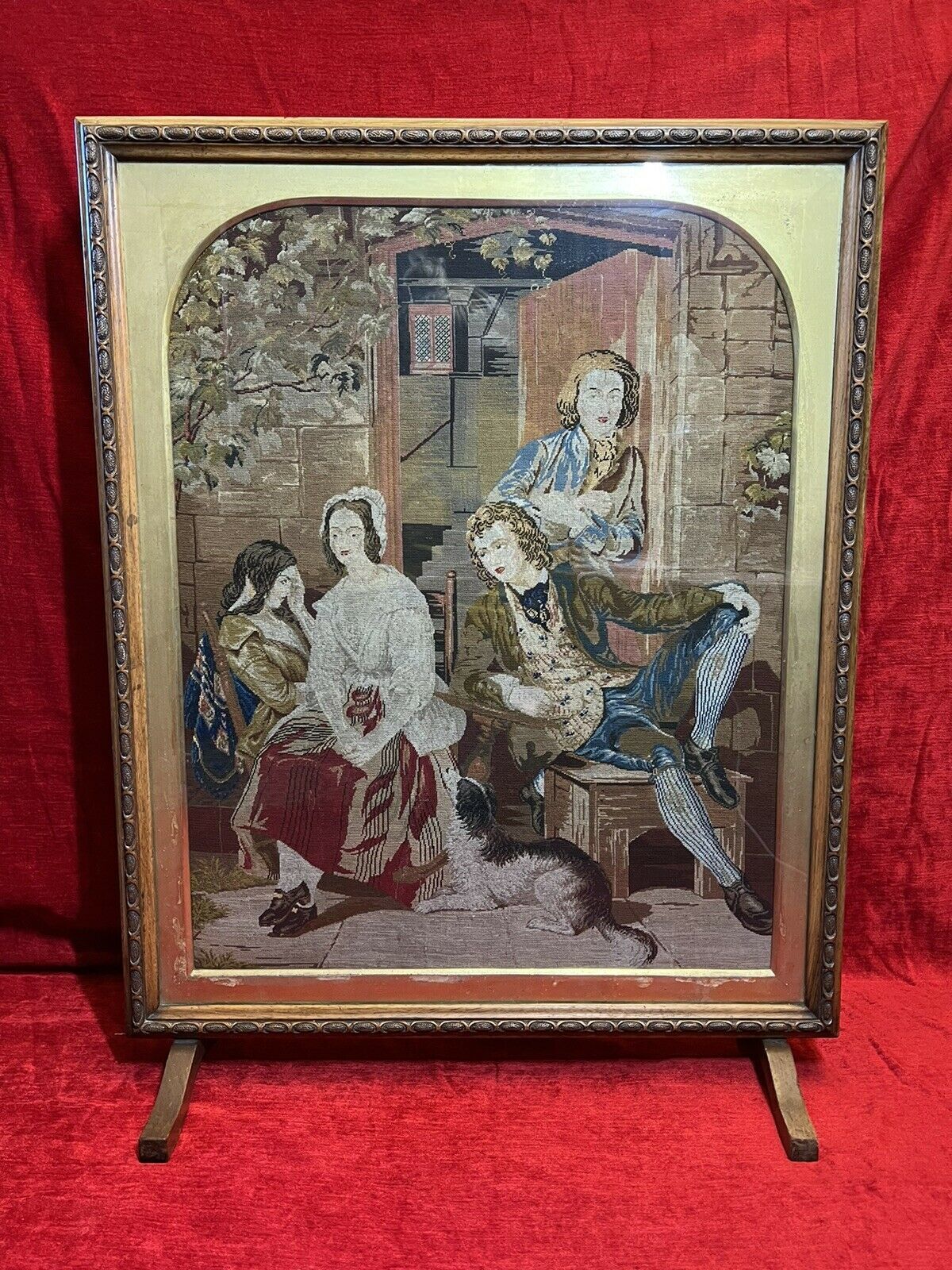 Period Oak Firescreen With Georgian Family Portrait Silkwork Tapestry Sampler photo furniture