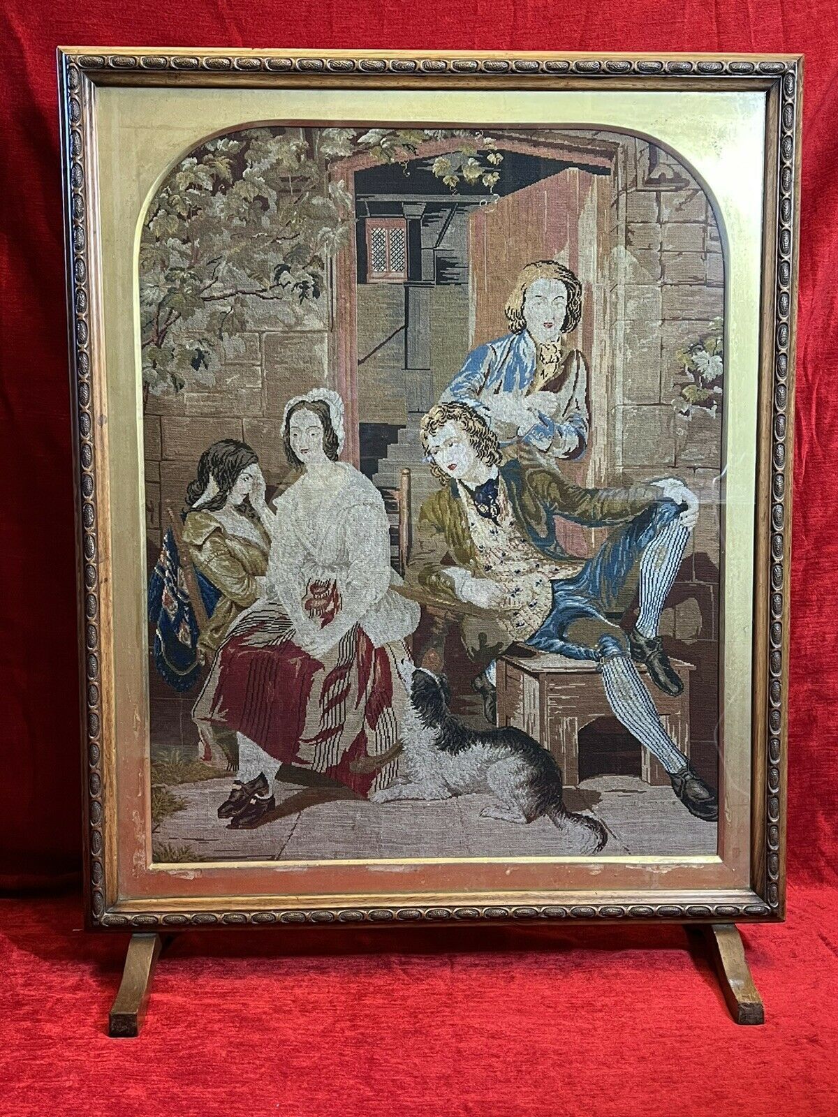 Period Oak Firescreen With Georgian Family Portrait Silkwork Tapestry Sampler photo for sale