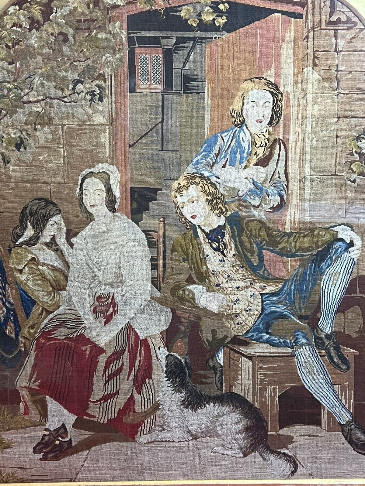 Period Oak Firescreen With Georgian Family Portrait Silkwork Tapestry Sampler photo 395.0