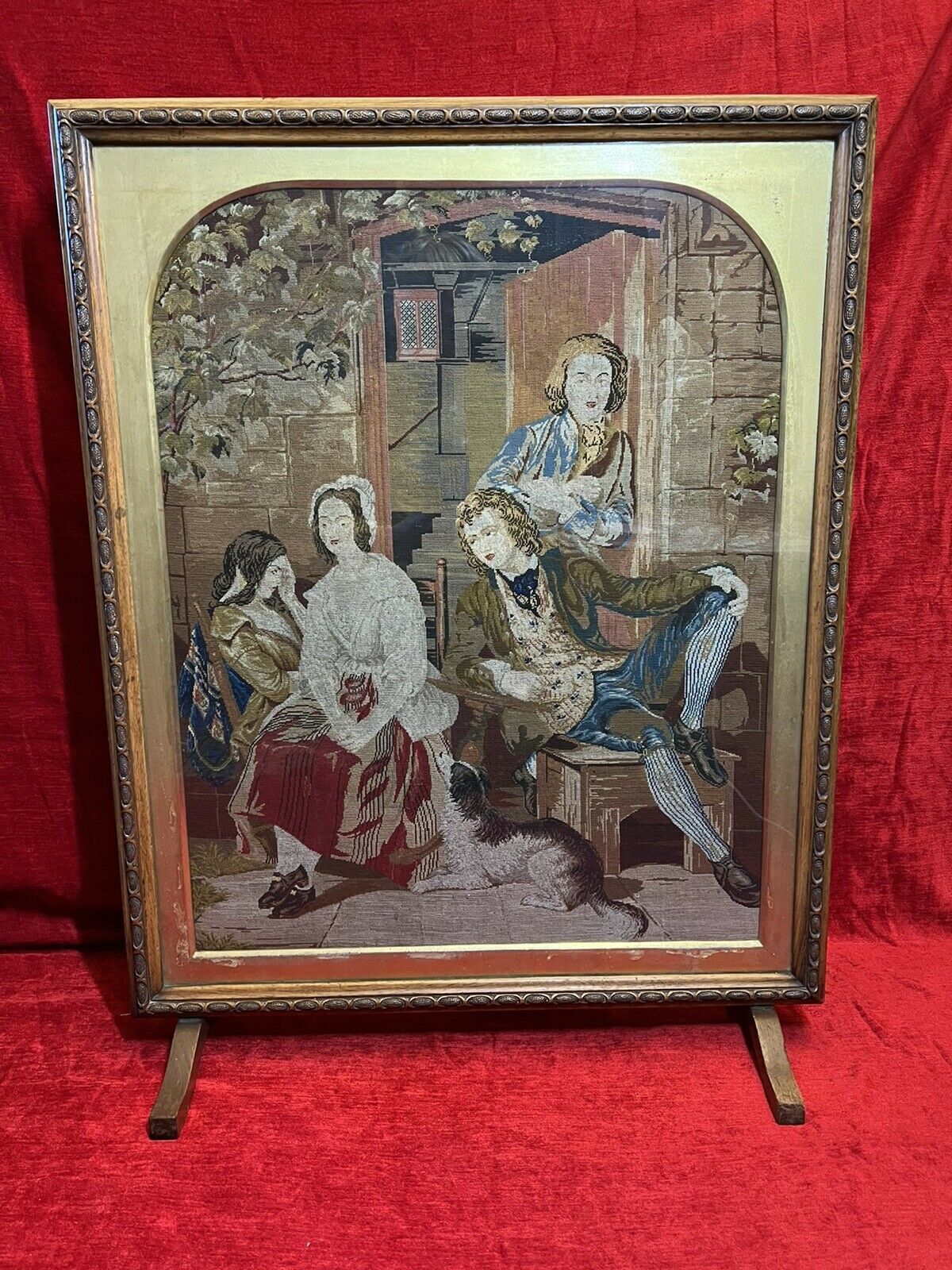 Art Period Oak Firescreen With Georgian Family Portrait Silkwork Tapestry Sampler photo