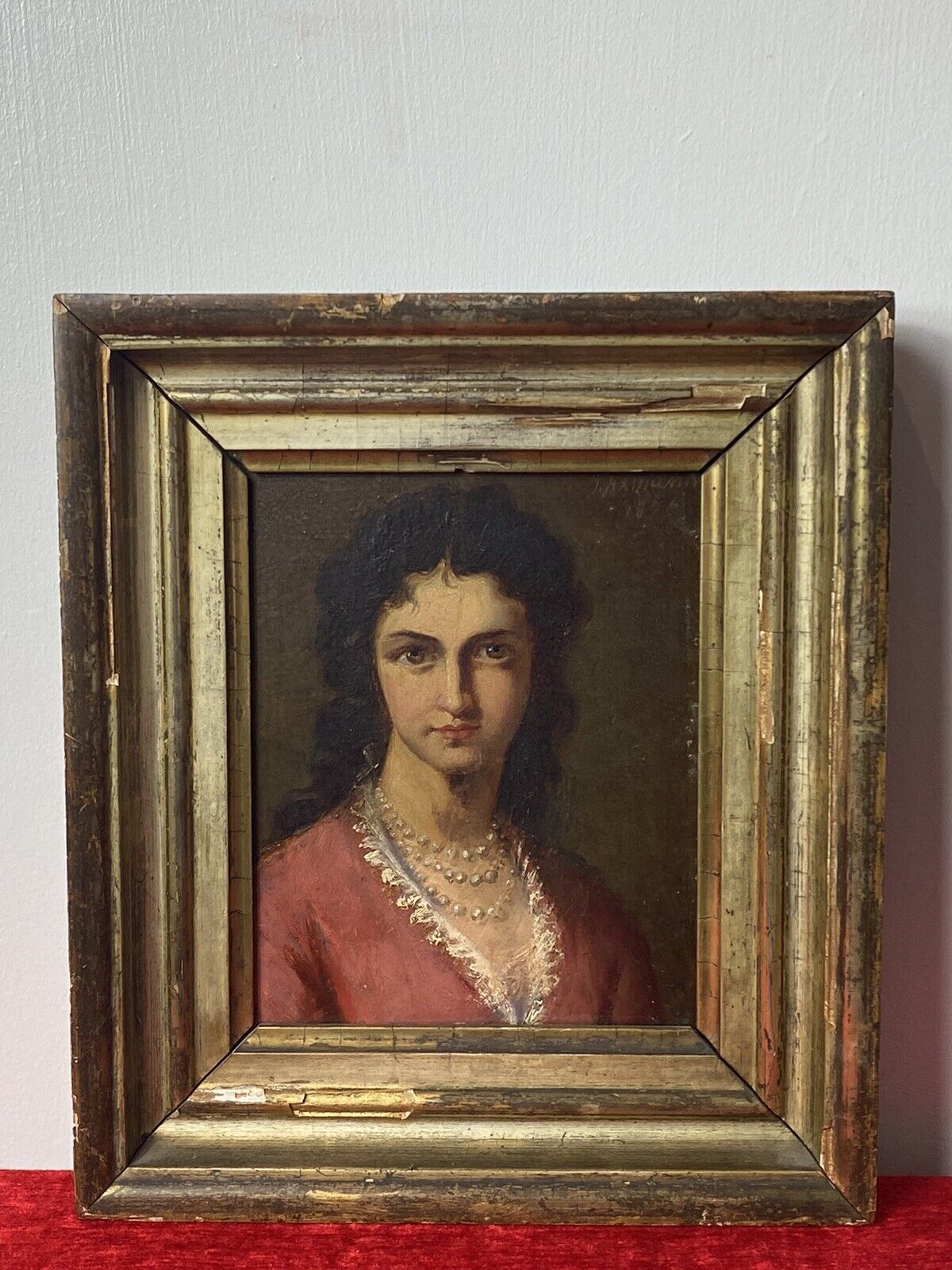 Late 19c Oil Portrait Of Lady Wearing Pearl Necklace Signed By Artist J Axmann
