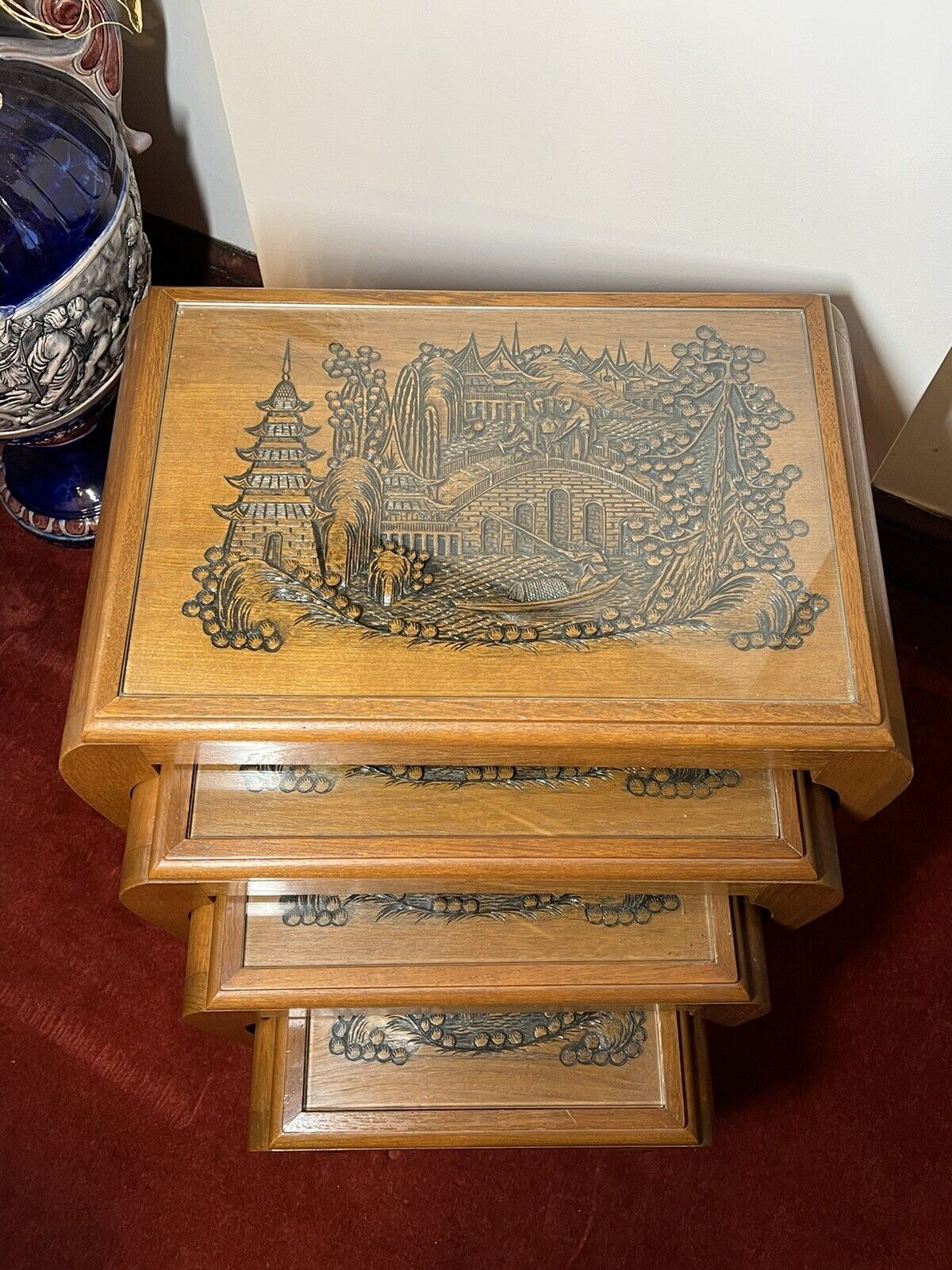 Oriental Teak Nest Of Four Tables With Mudiao Fretwork Temple Landscape Tops photo 450.0