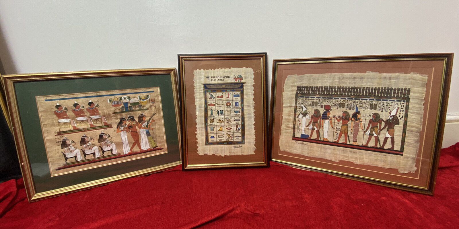 Trio Of Egyptian Hieroglyphic Artworks On Papyrus Set In Glazed Frames