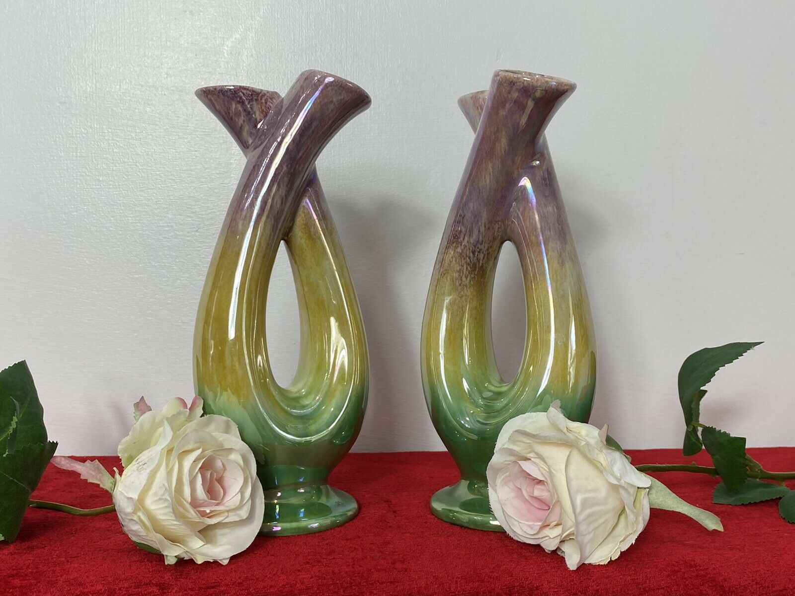 Stunning Pair Of Mid Century German Tri Colour Lustreware Tulip Vases