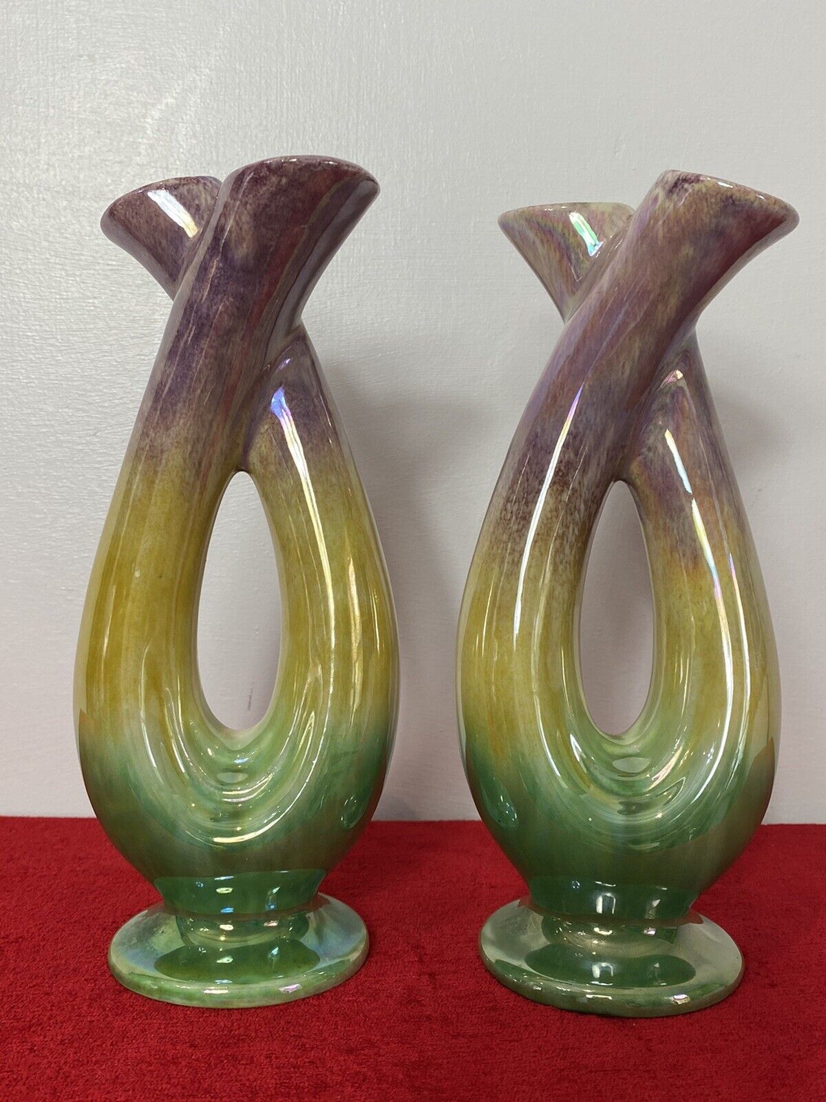 Stunning Pair Of Mid Century German Tri Colour Lustreware Tulip Vases photo vintage