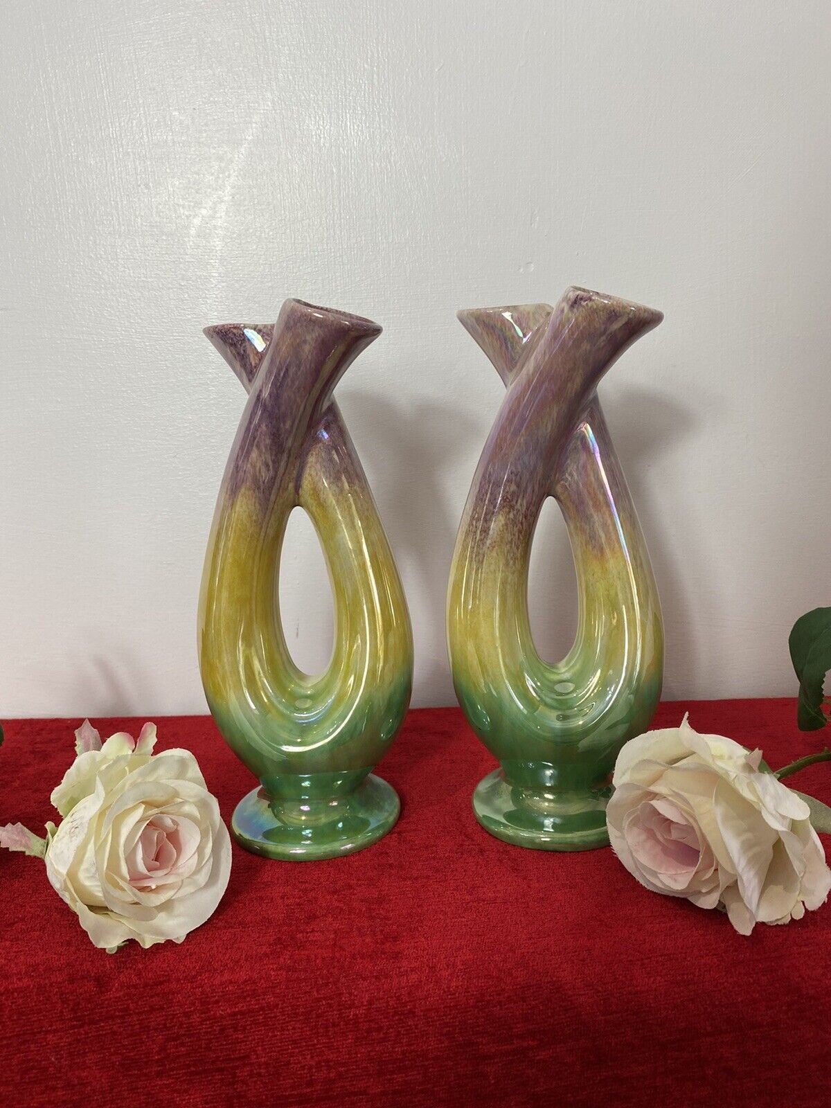 photo for sale Stunning Pair Of Mid Century German Tri Colour Lustreware Tulip Vases