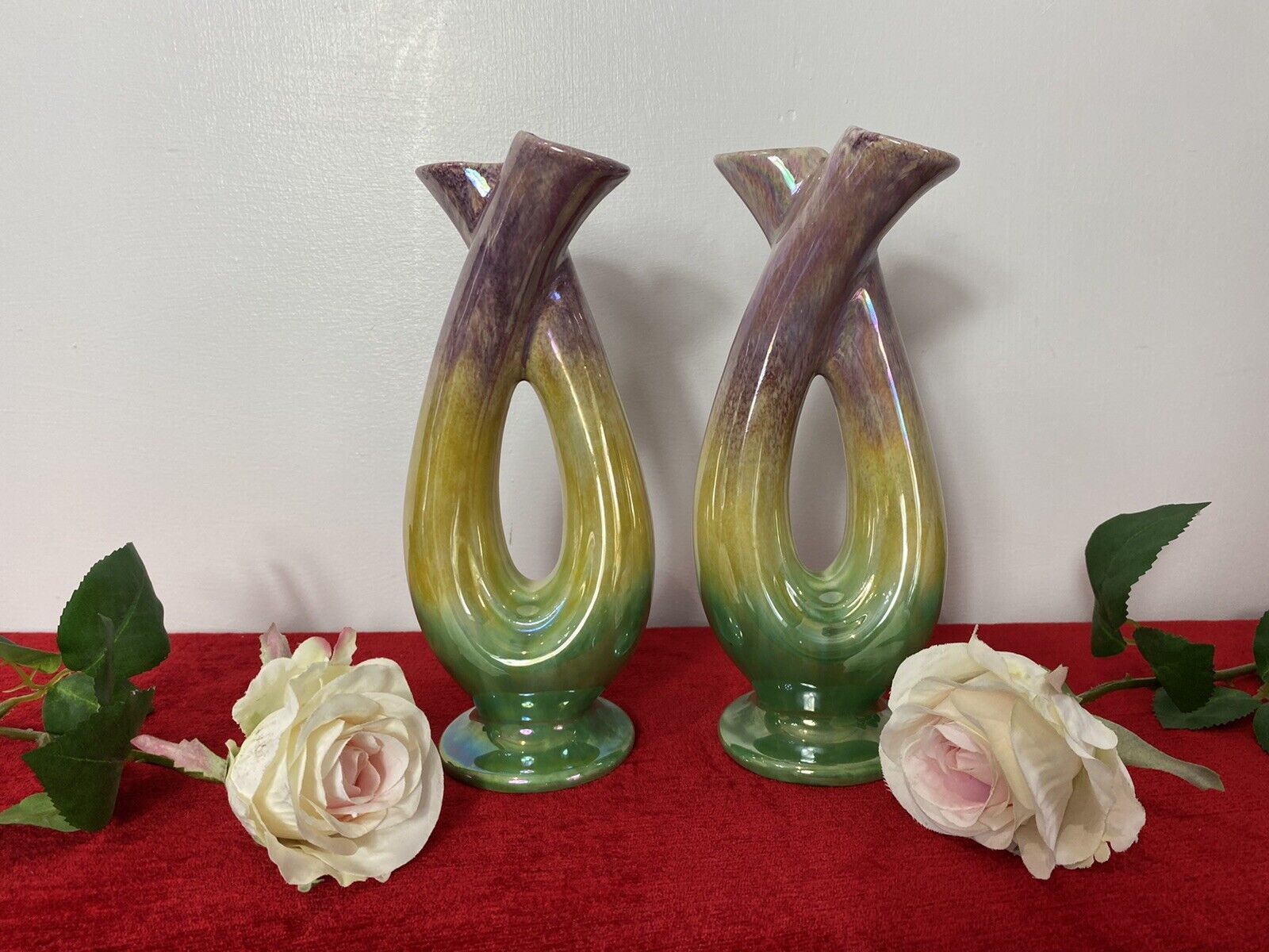 Home Decor Stunning Pair Of Mid Century German Tri Colour Lustreware Tulip Vases photo