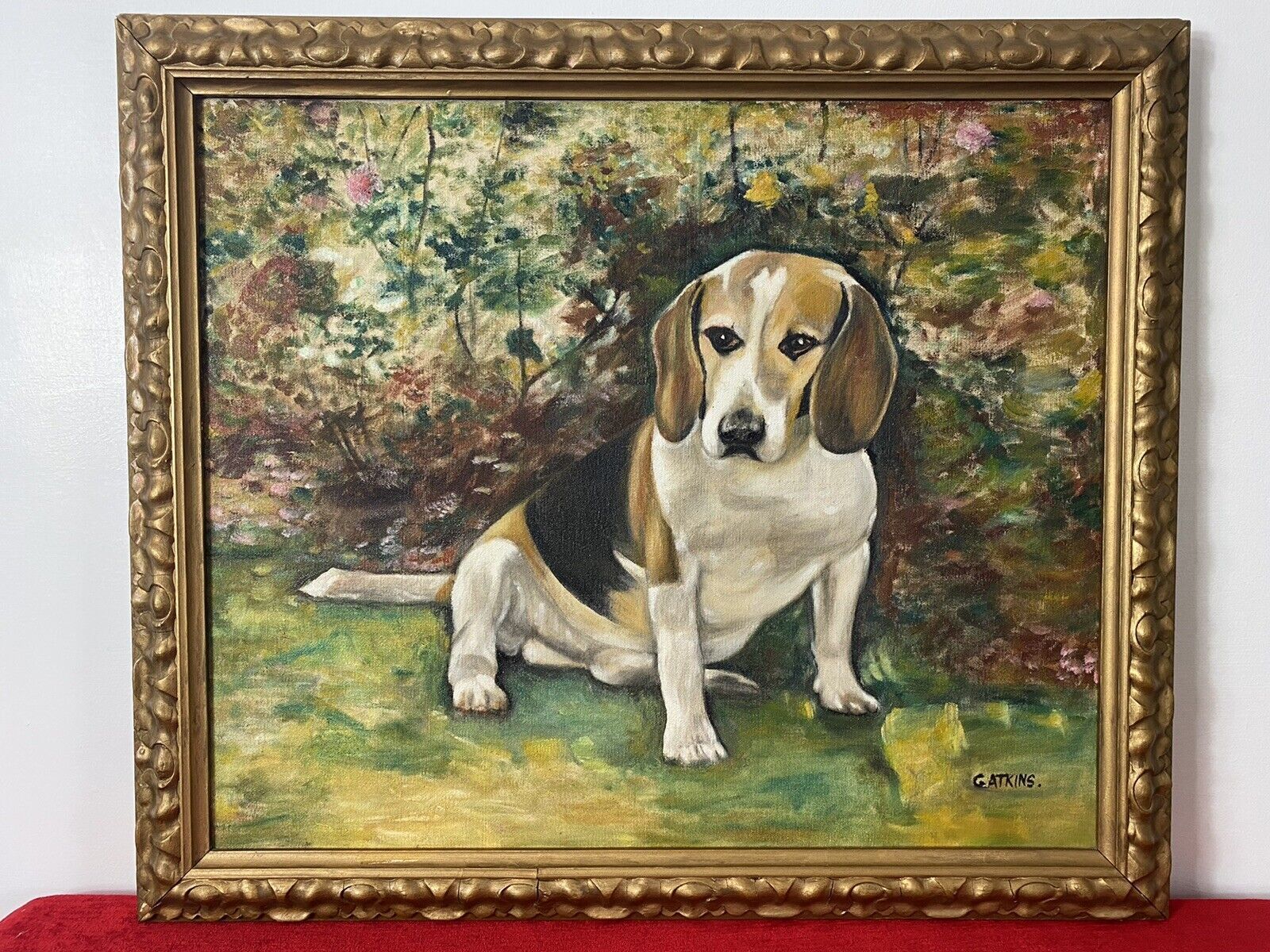 Charming Oil Portrait Of Beagle Dog With Floral Background Signed