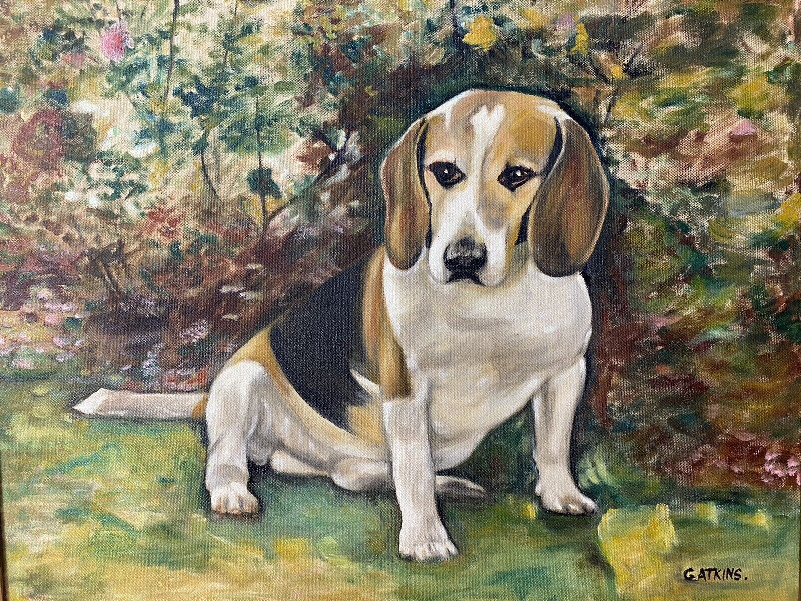 Charming Oil Portrait Of Beagle Dog With Floral Background Signed photo furniture