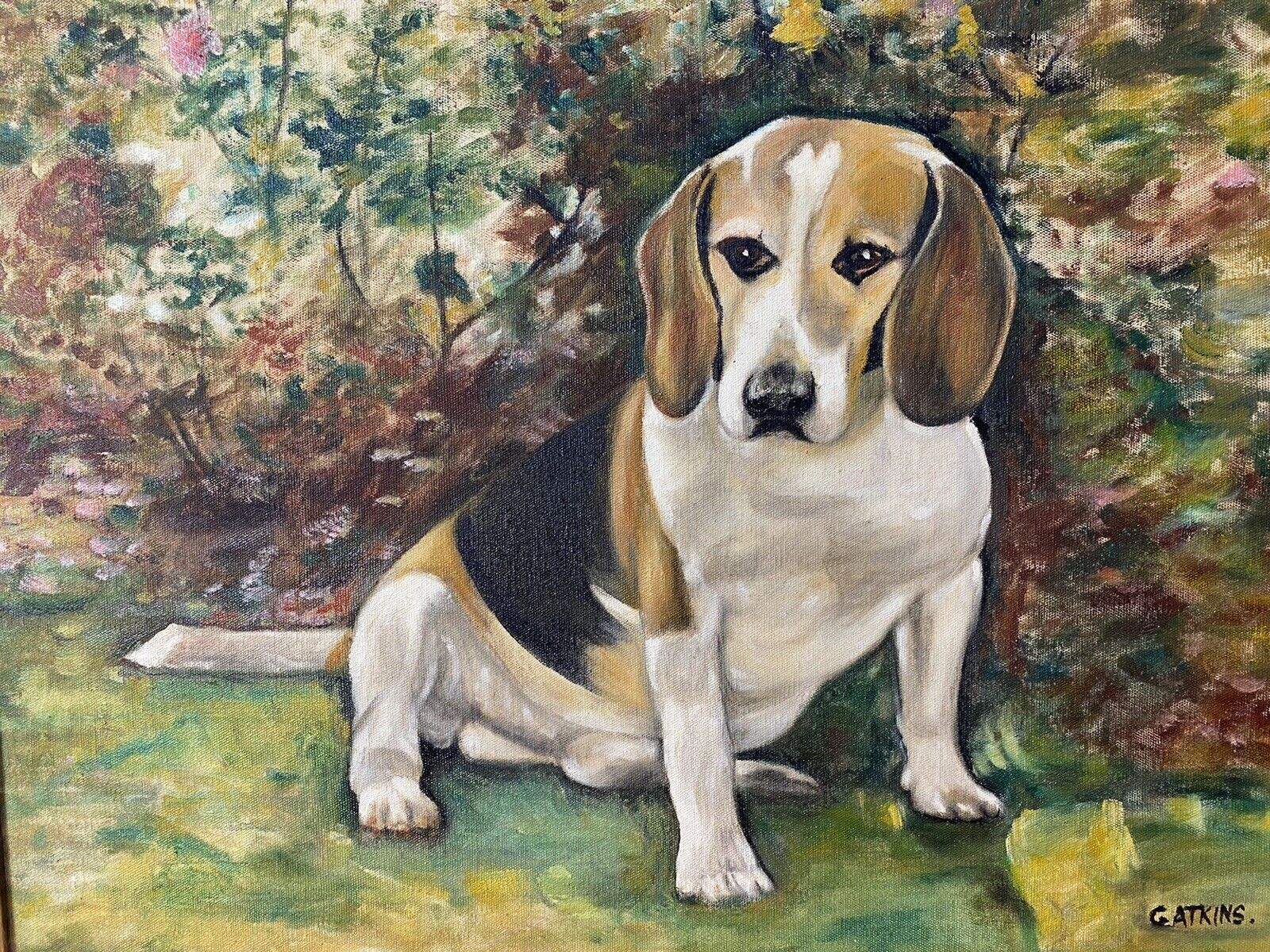 Charming Oil Portrait Of Beagle Dog With Floral Background Signed photo buy