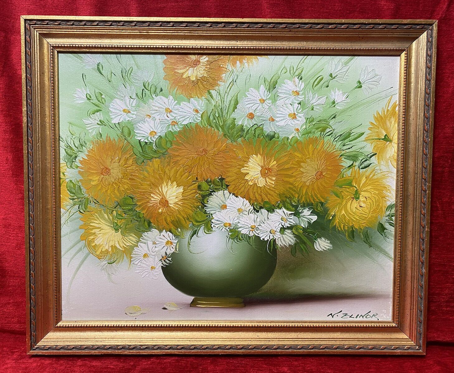 Exuberant Art Deco Chrysanthemums Still Life Oil Painting Signed N Elinor photo furniture