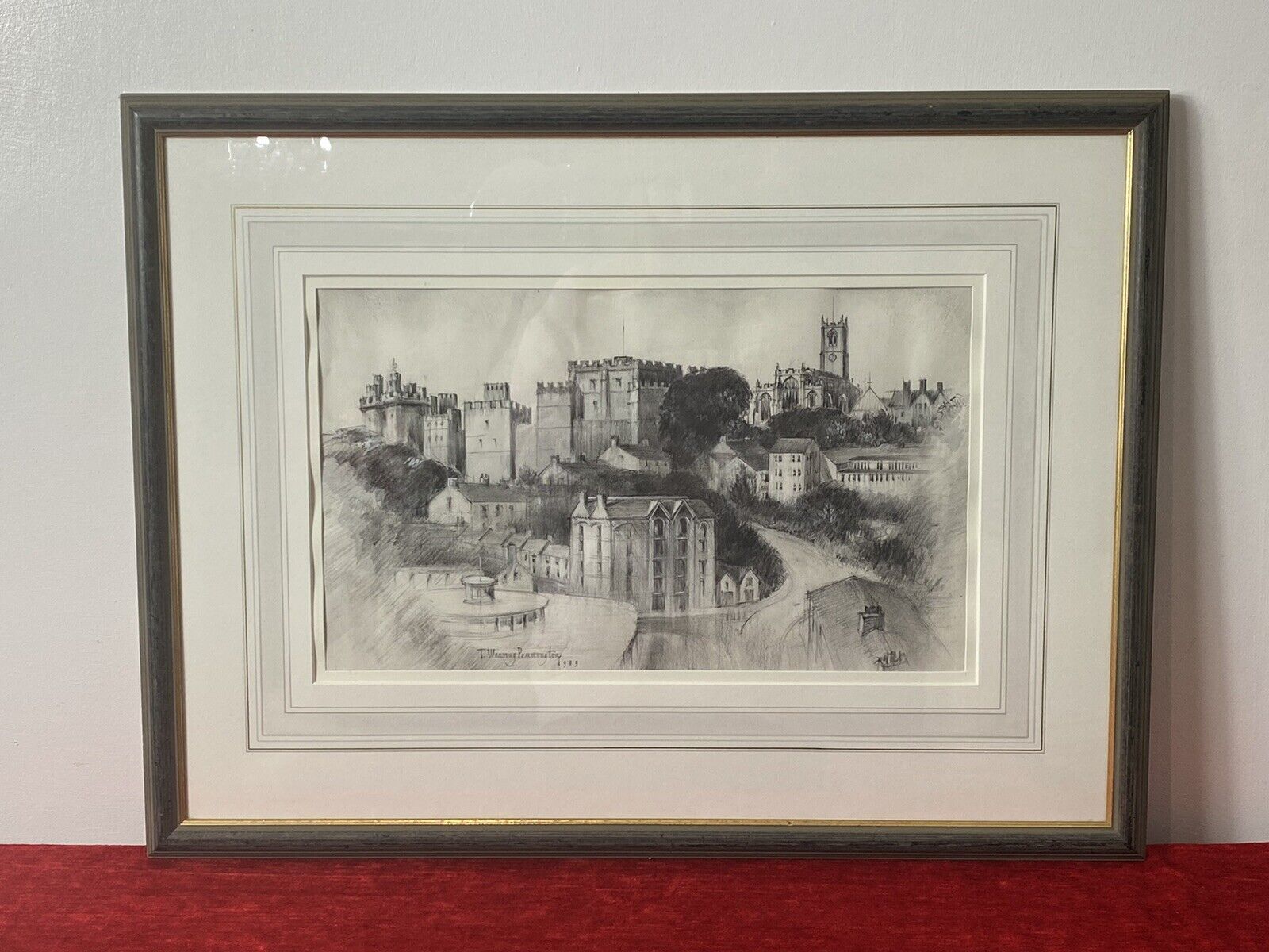 Teresa Wearing Pennington Castle Hillside Townscape Pencil Drawing 1989 Signed photo furniture