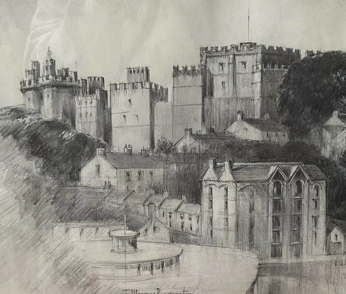 Teresa Wearing Pennington Castle Hillside Townscape Pencil Drawing 1989 Signed photo vintage