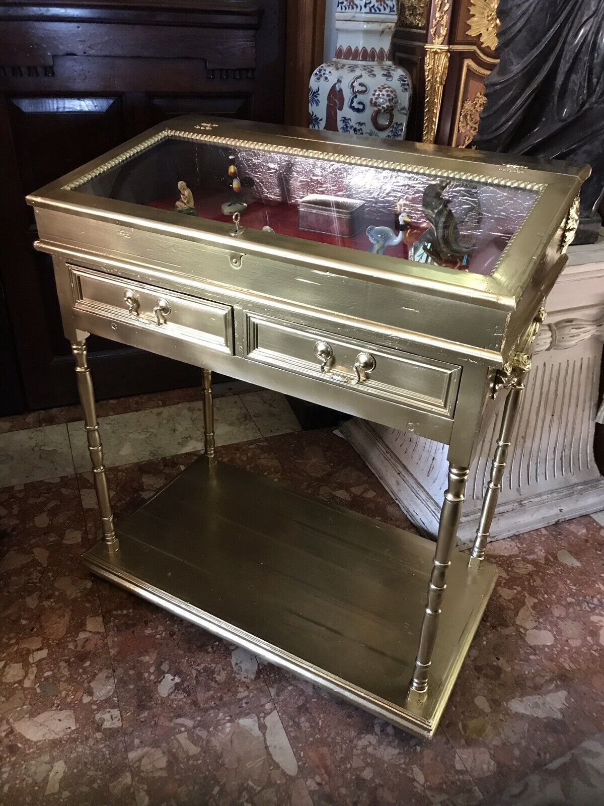 Fine Vintage Elegance French Guiltwood Bijouterie Cabinet photo for sale
