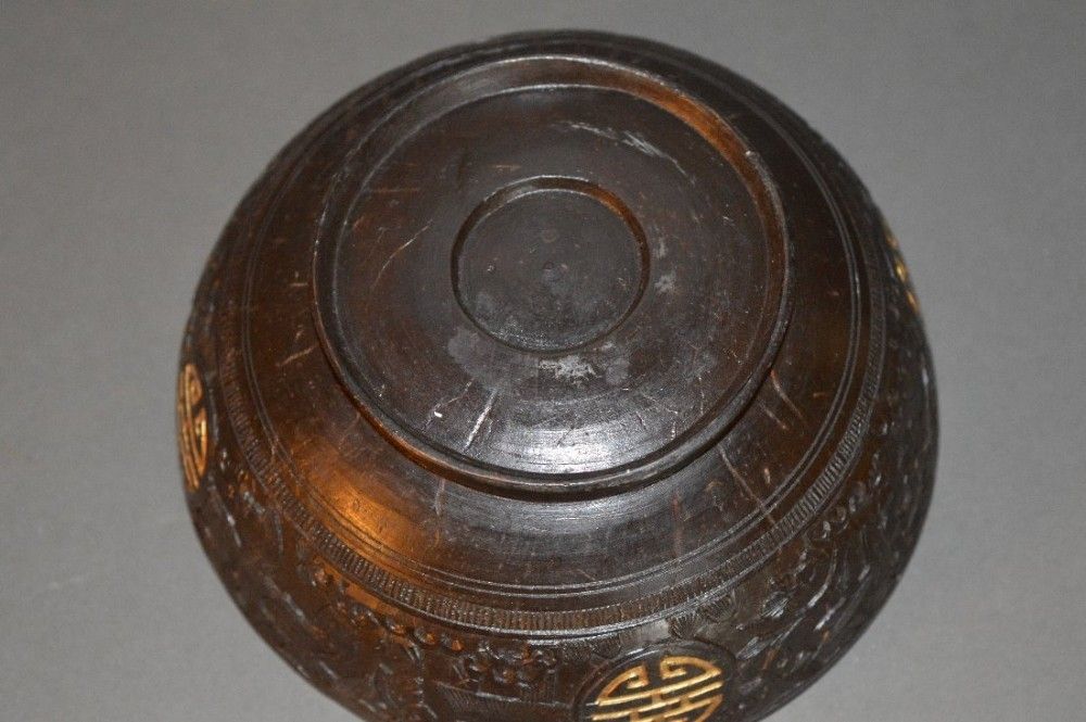 19 Th Century Chinese Carved Coconut Bowl,C1870. Chou Symbols In Gilt photo 395.0