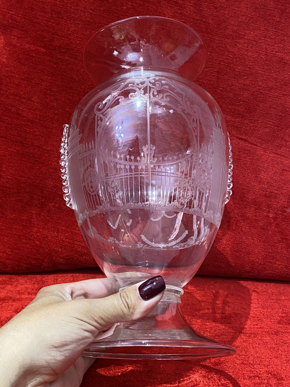 French Antique 19th Century Palace Of Versailles Etched Glass Decorative Vase photo for sale
