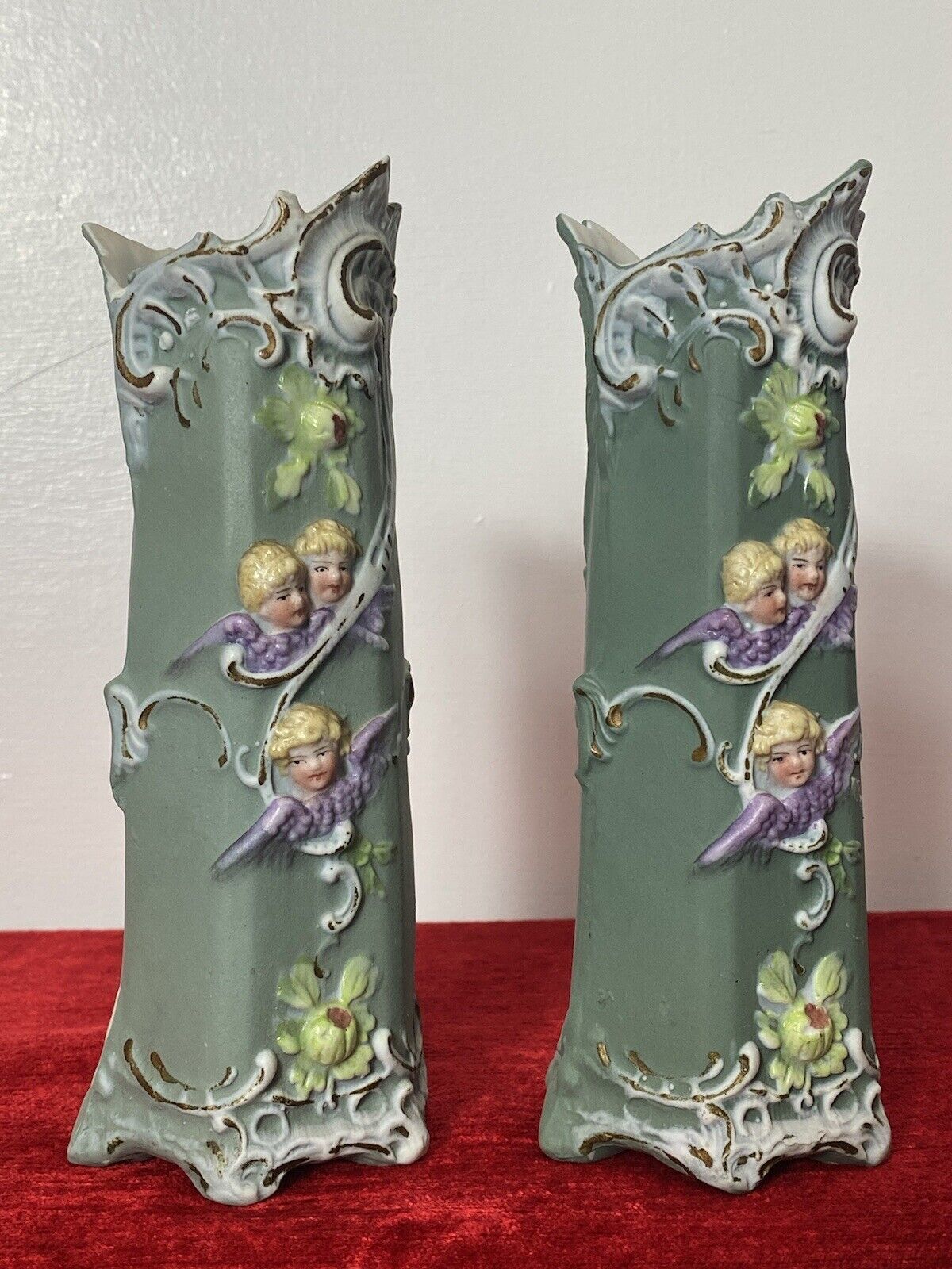 Pair Of Elaborate Parian Ware 'Trio Of Winged Putti' Hexagonal Posey Vases photo furniture