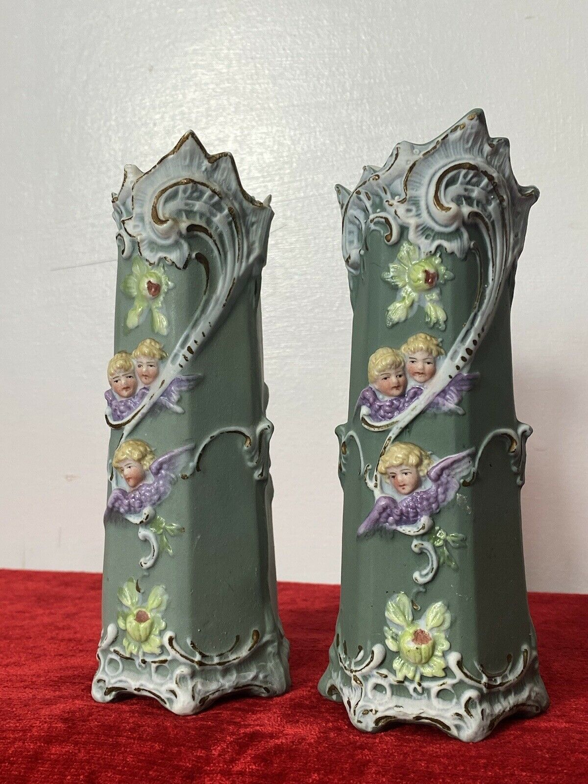 Pair Of Elaborate Parian Ware 'Trio Of Winged Putti' Hexagonal Posey Vases photo for sale