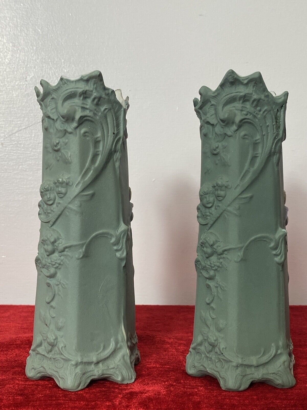 Pair Of Elaborate Parian Ware 'Trio Of Winged Putti' Hexagonal Posey Vases photo vintage