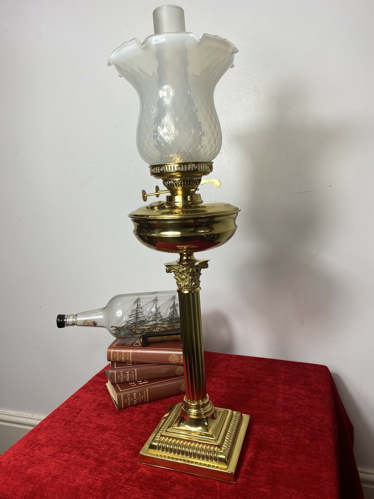 Brass Corinthian Column Table Oil Lamp With White Opaque Glass Funnel & Shade photo furniture
