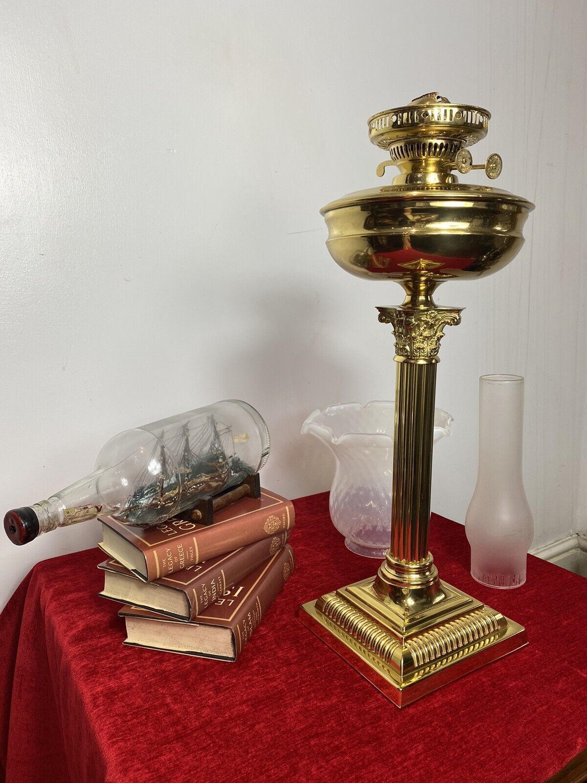 Brass Corinthian Column Table Oil Lamp With White Opaque Glass Funnel & Shade photo 275.0