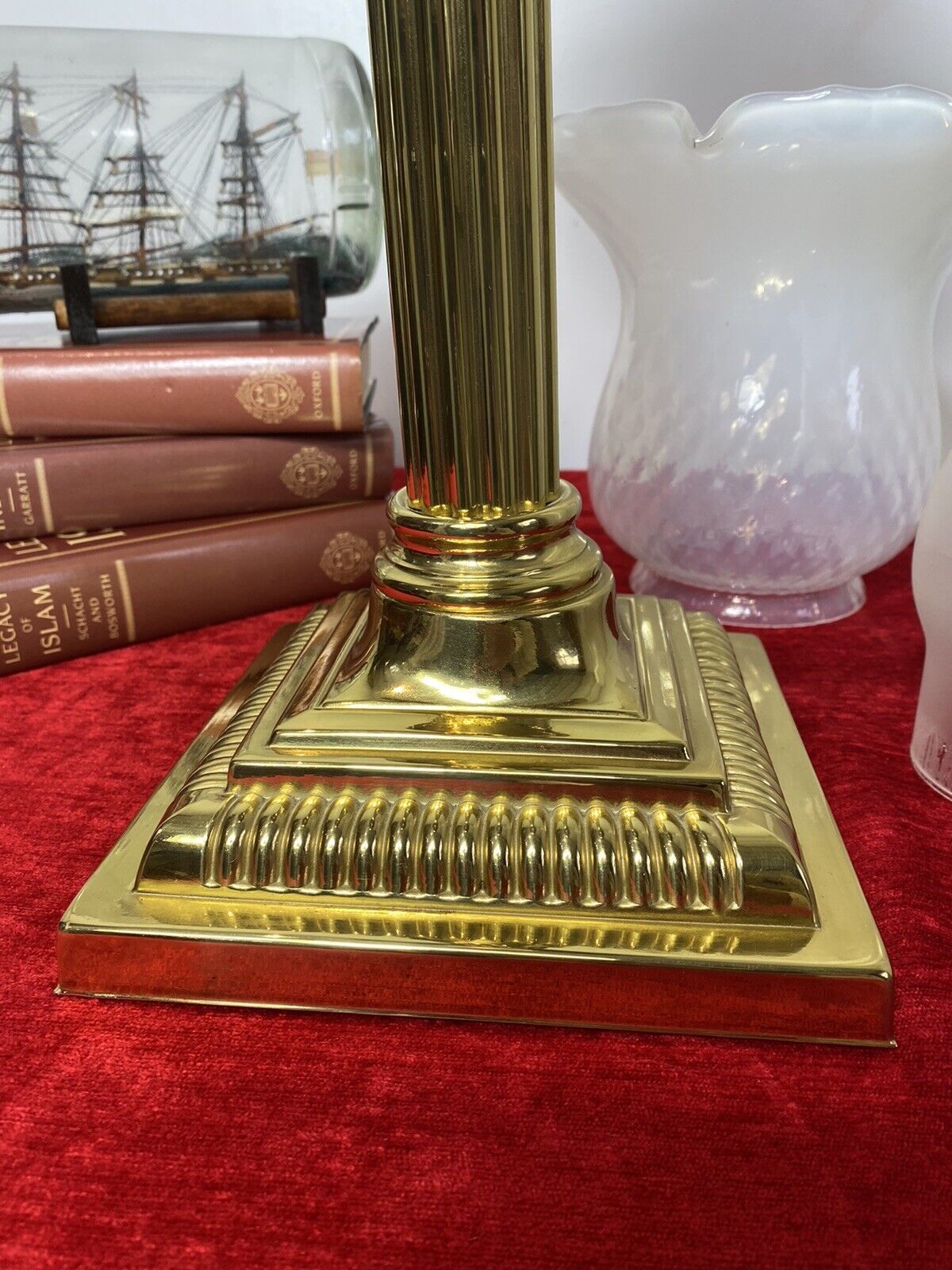 Lighting Brass Corinthian Column Table Oil Lamp With White Opaque Glass Funnel & Shade photo