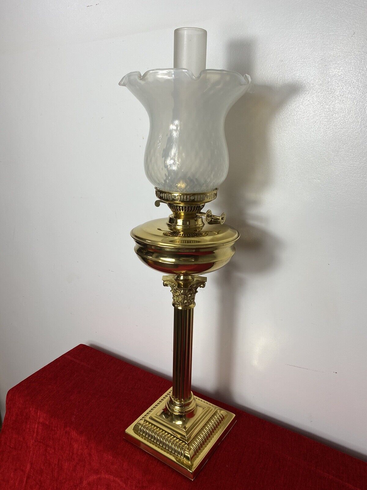 275.0 Brass Corinthian Column Table Oil Lamp With White Opaque Glass Funnel & Shade photo