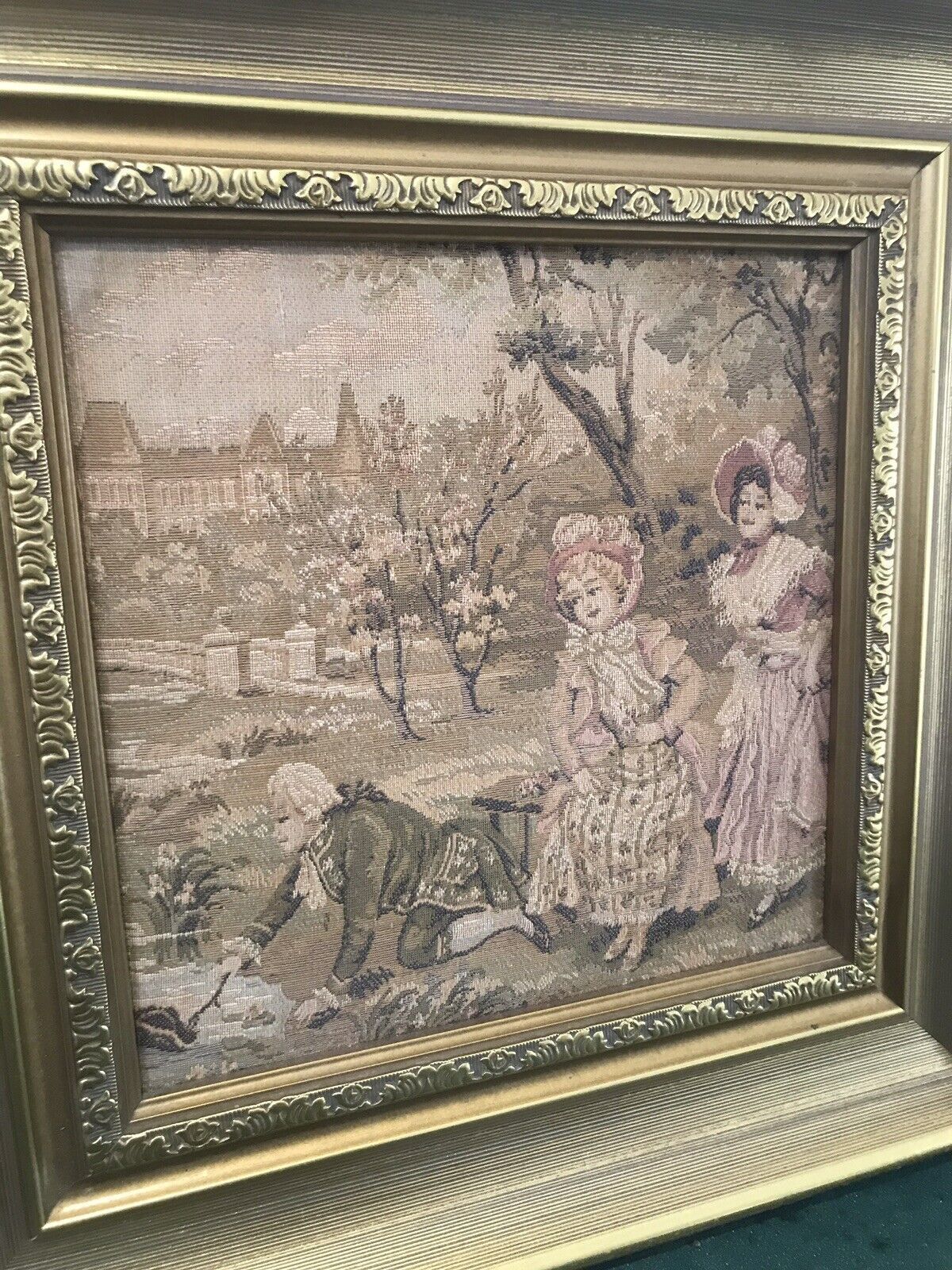 Fine Reproduction 18th Century Style French Figures In Chateau Garden Tapestry photo vinterior