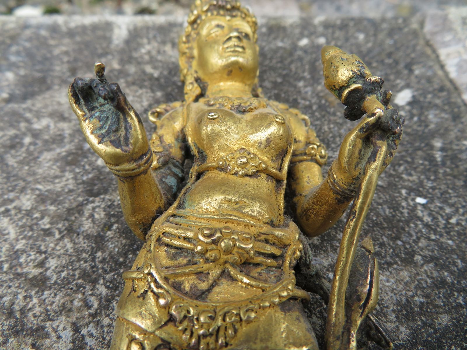 photo vintage Masterpiece Museum Javanese Gold Gilded Standing Dewi Tara Statuette. 10th 13th Century.