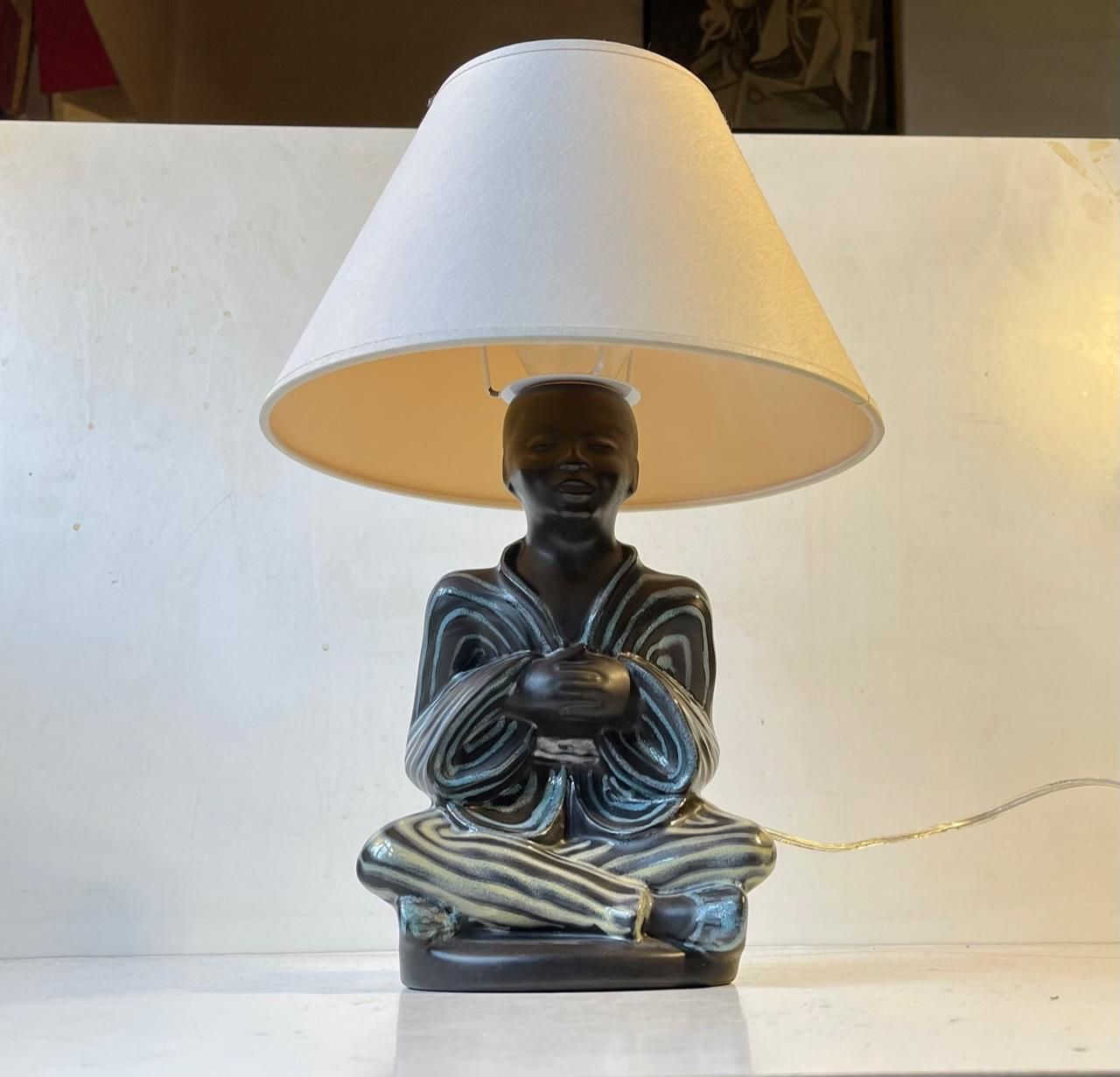 912.0 Vintage Black Buddha Table Lamp With Pastel Glazes By Søholm, Danish 1960s photo