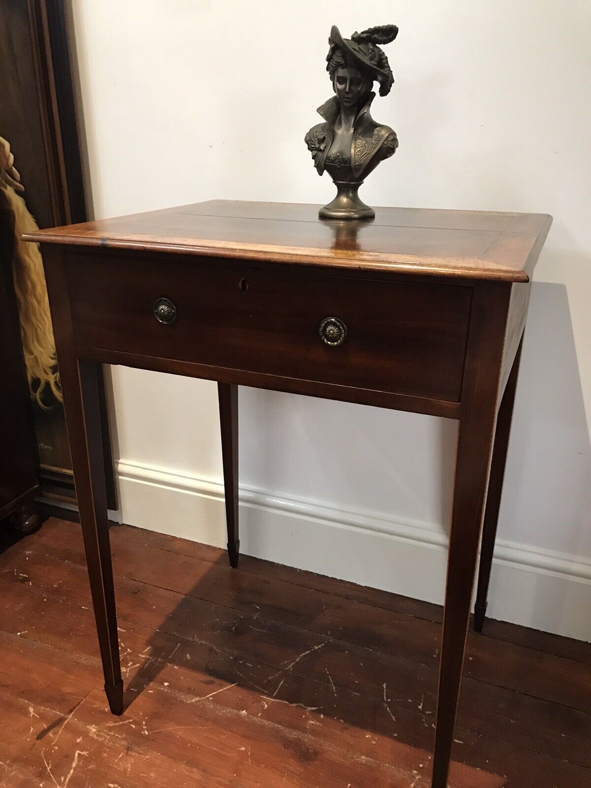 Period Antique Sheraton Style Side Table With Drawer And Tapered Legs photo vinterior
