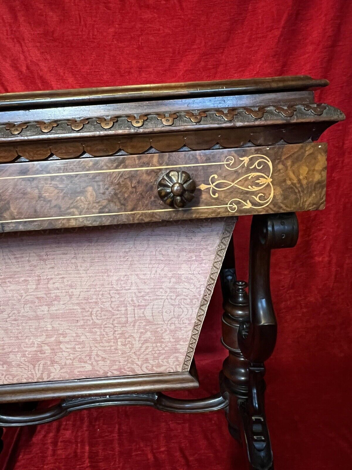 photo for sale Victorian C1860 Museum Quality Burl Walnut And Marquetry Inlaid Sewing Table