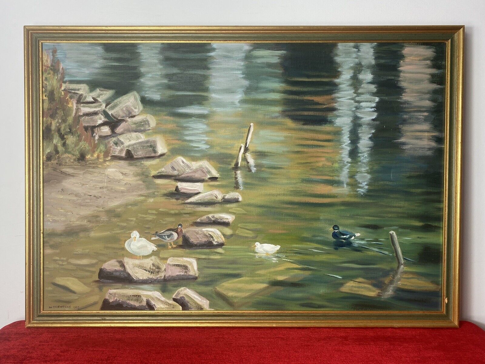 20th Century Ducklings With Stepping Stones Oil Painting Signed H H Connelly photo furniture