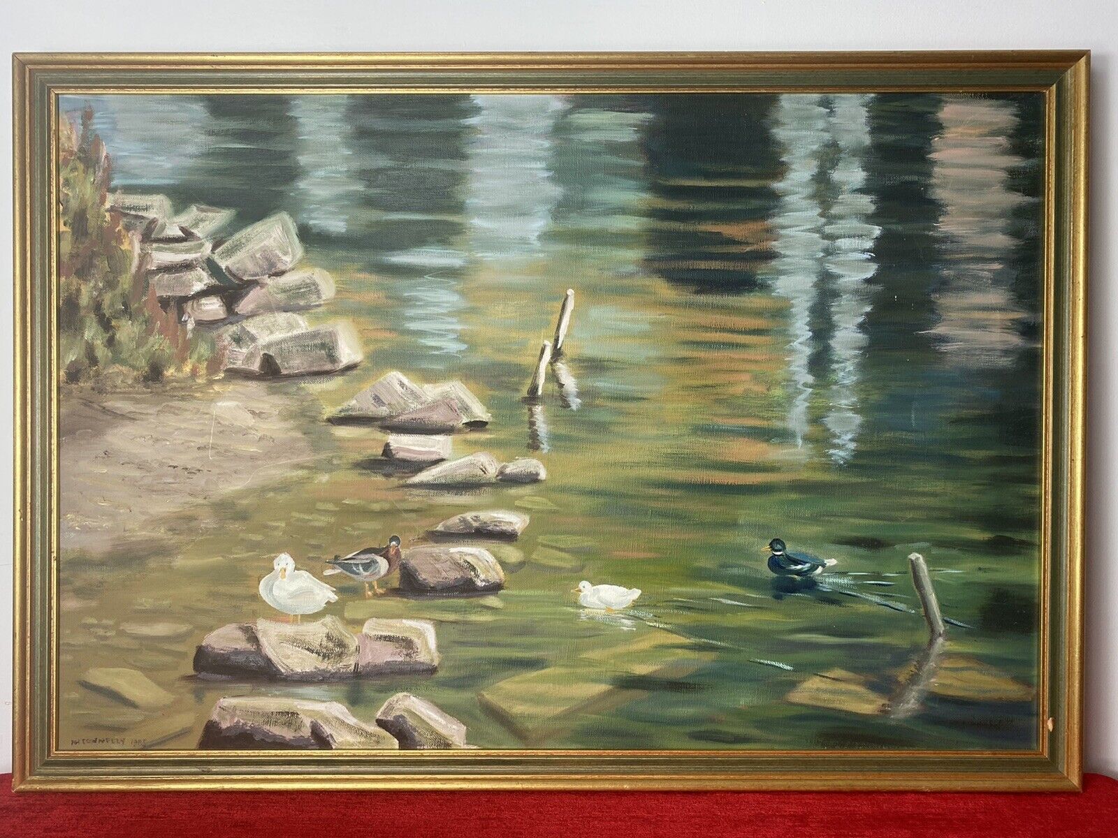 20th Century Ducklings With Stepping Stones Oil Painting Signed H H Connelly photo for sale