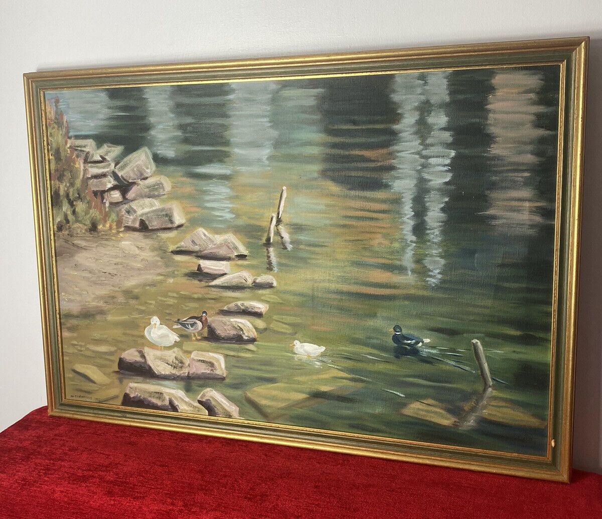 20th Century Ducklings With Stepping Stones Oil Painting Signed H H Connelly photo vinterior