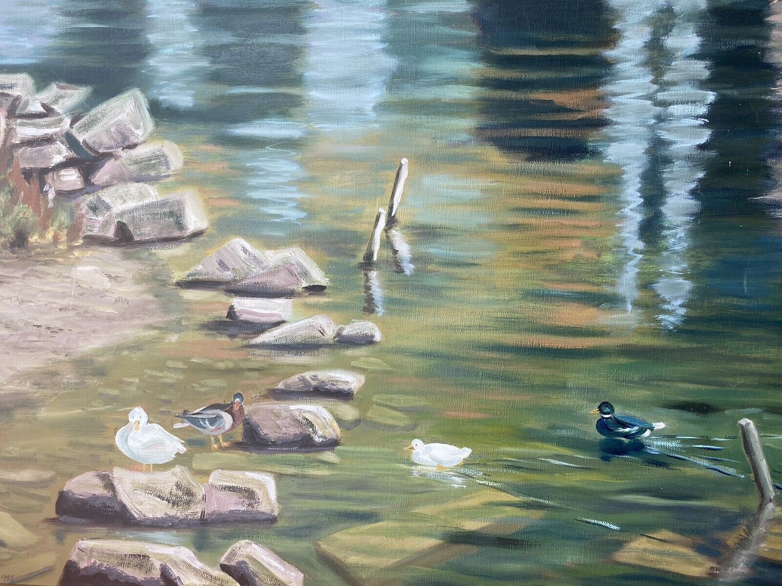 20th Century Ducklings With Stepping Stones Oil Painting Signed H H Connelly photo buy