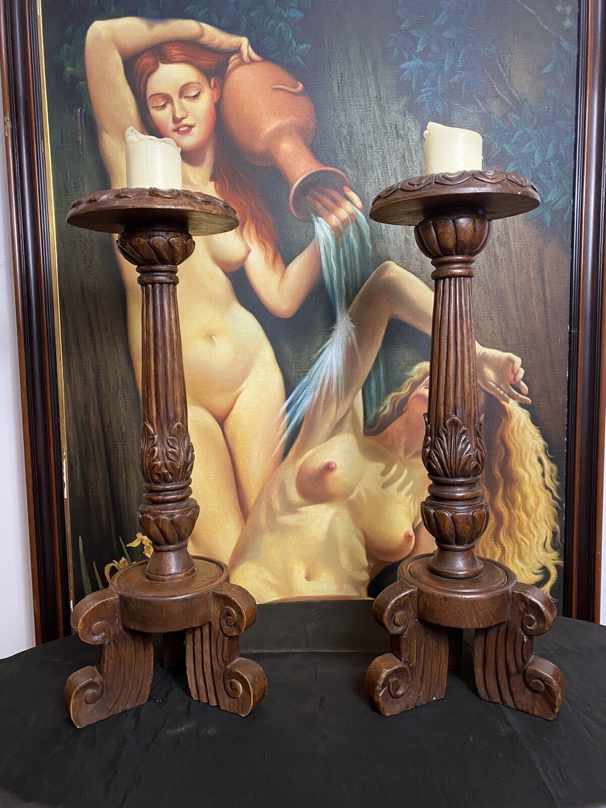 19th Century Pair Of Gothic Carved Walnut Tripod Candle Stands photo for sale