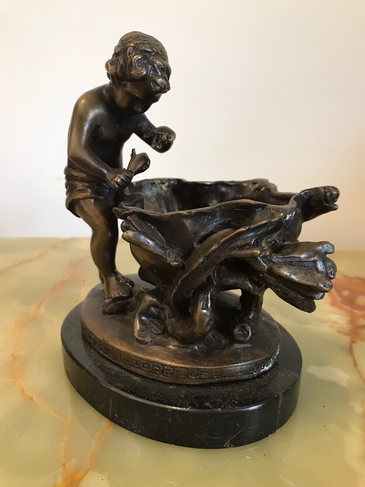 Charming Fine Reproduction French Bronze Cherub With Flora Urn Statue photo for sale